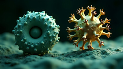 Spirillum with lunar-like texture and hooked virus, golden glow, microscopic fantasy landscape, ultra-HD.