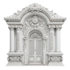 An ornate white plaster doorway with classical columns, arches, and intricate carvings provides a stunning architectural focal point on a clean white background.