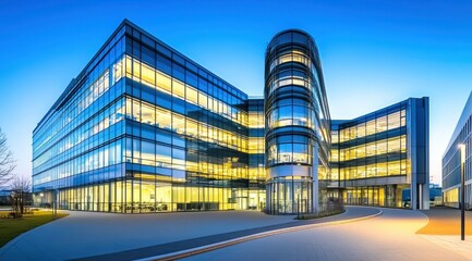 Fototapeta premium Modern glass office building illuminated at dusk, showcasing a sleek design with curved and rectangular sections, landscaped grounds, and well-lit walkways