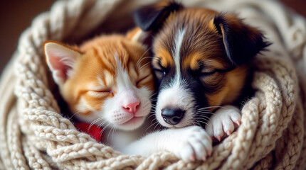 Obraz premium A heartwarming and cozy image of a small orange tabby kitten and a fluffy brown and white puppy peacefully sleeping together, wrapped in a soft, knitted beige blanket.
