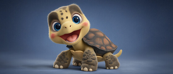 Smiling Turtle: A charming 3D render of a baby turtle with big eyes and a happy expression, showcasing a childlike innocence and sense of wonder.