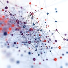 Photo of Abstract network of interconnected nodes in red and blue isolated on white background