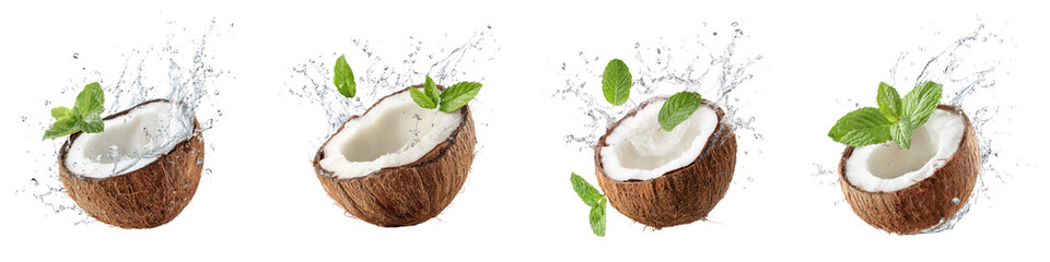 Closeup of fresh coconut shells filled with a refreshing splash of coconut water and mint leaves creating a natural healthy and nourishing beverage