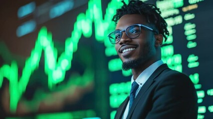 Confident African American Businessman with Stock Market Chart Overlay - Powered by Adobe