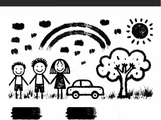 Family cartoon illustration in nature, traveling by car on a sunny road with trees and clouds