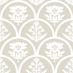 Scalloped arches floral seamless pattern. Hand drawn geometrical symmetrical flowers in gray and white colors. Scallop half circle repeat botanical ornament