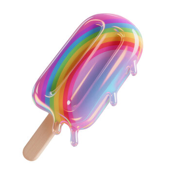 Glossy rainbow popsicle melting slightly, cartoon shimmer on edges
