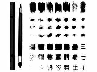 Vector set of grungy black paint brush stroke borders and dirty ink splatter shapes