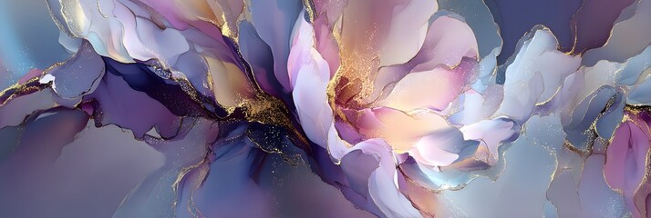 Mesmerizing Abstract Fluid Art with Gold Accents &ndash; A Harmonious Blend of Pastel Hues and Dynamic Textures for Contemporary Aesthetics