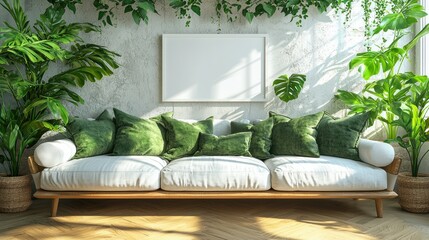 Bright plants surround a white sofa, framed wall art