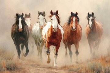 Obraz premium Majestic Horses Galloping Through Dusty Landscape, Capturing Freedom and Strength in Nature's Warm Light