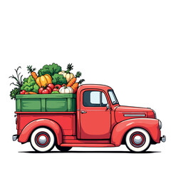 Vsai red pickup truck carrying fresh vegetables, side view illustration © frrlbt