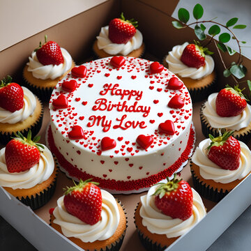 Cupcakes with strawberries Romantic Birthday Cake and Cupcake Set with Strawberries and Heart Sprinkles in White Gift Box