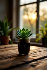 Green Succulent in Glass Pot on Rustic Wooden Table by Window with Sunset Light