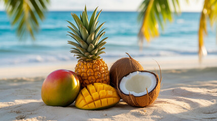 Tropical Fruits on Sandy Beach with Ocean Background