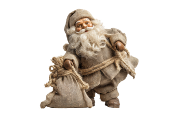 PNG Rustic santa doll with burlap costume and sack on black background