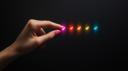 a virtual checklist with animated progress markers being touched by a businesswoman, minimal black background