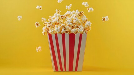 Popcorn Exploding from Striped Box on Yellow Background