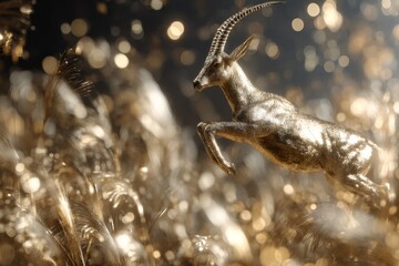 Stunning golden antelope leaping gracefully through shimmering golden landscape filled with glimmering lights and soft textures