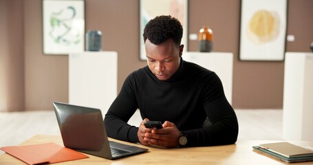 Black man, art and reading with phone at gallery for research, artwork information and schedule event. Male curator, mobile and artifact website, online auction and showroom catalog for exhibition