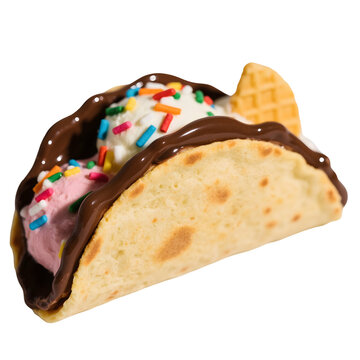 Glossy ice cream taco with rainbow sprinkles and chocolate shell 