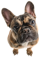 Fototapeta premium French Bulldog with silly and funny expression looks directly camera, showcasing its adorable features and playful personality. This charming pet captures attention with its big, expressive eyes