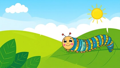 Obraz premium Colorful caterpillar on a leaf in a lush landscape.