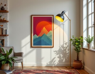 Geometric Mountain Sunset Landscape Print, Vibrant Teal and Red Abstract Art Poster