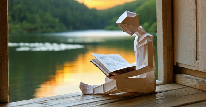 Origami figure reading book near window. Scenic lake view visible during sunset. Peaceful, quiet moment captured.