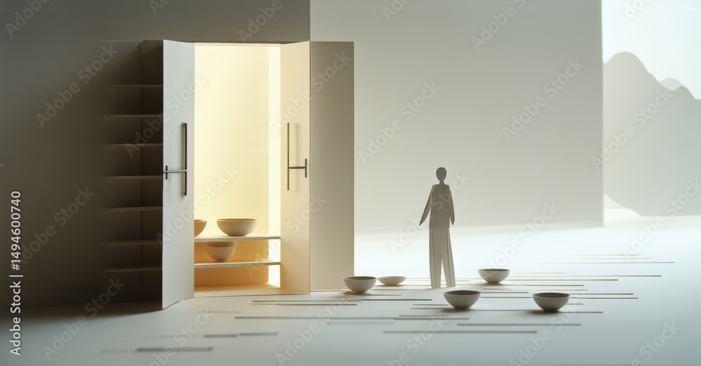 Poster minimalist scene. figure stands before open doorways, bowls scattered on flat surface. soft lighting