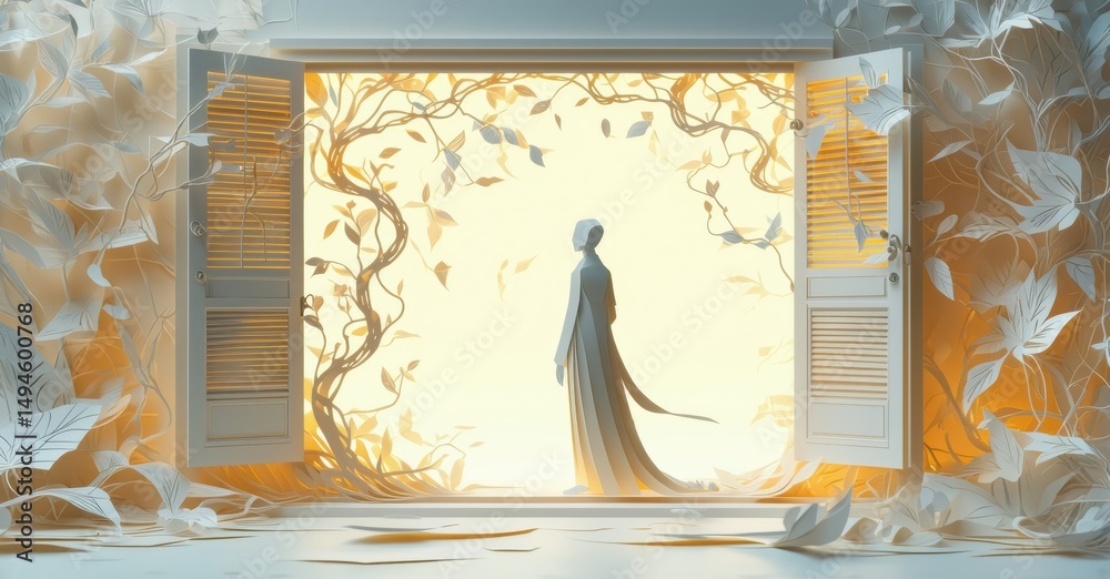 Poster woman stands silhouetted within open window frame. golden light filters through foliage, creating dr