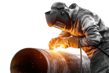 PNG Male welder in protective gear working on pipe with sparks in industrial setting