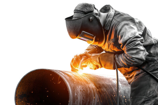 PNG Male welder in protective gear working on pipe with sparks in industrial setting