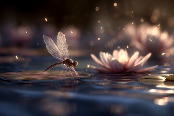 Serene Dragonfly on Water Lily at Sunrise with Soft Light and Sparkling Reflections in Calm Pond