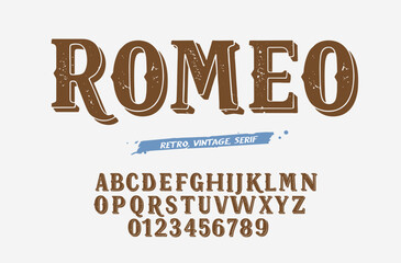 Classic vector bold serif font and alphabet. Vintage abc, elegant english letters and numbers
