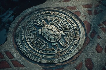 Intricate Bronze Turtle Emblem Set in a Decorative Stone Pavement with Geometric Patterns and Natural Elements