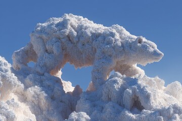 Stunning Ice Sculpture of a Bear Formed from Glacial Ice and Frost in a Scenic Winter Landscape Under a Clear Blue Sky