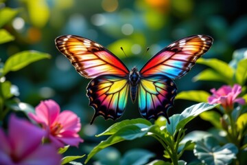 Rainbow Butterfly Among Pink Flowers in Lush Garden