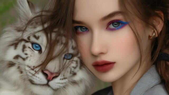 close up face pretty Caucasian woman wearing fancy makeup with a snow leopard  tribal theme 