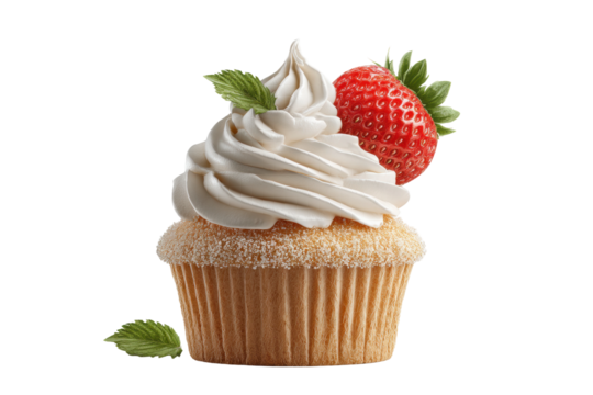 PNG Delicious vanilla cupcake with whipped cream and fresh strawberry garnish