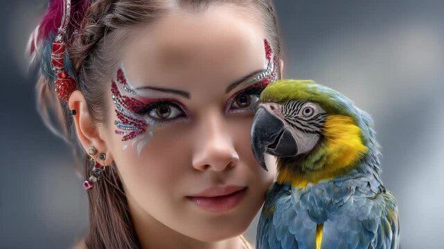 close up face pretty Caucasian woman wearing fancy makeup with a parrot 