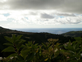 Typical landscape of Azores. Natural green fields hills and sea.
