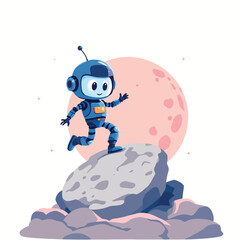 Vsai cute robot astronaut running on asteroid with planet in background