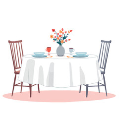 Vsai round dining table with white tablecloth, flowers, and two chairs