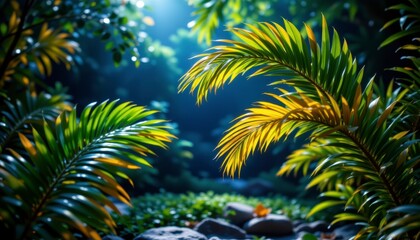 Lush Tropical Jungle Sunlight Palm Leaves Green Yellow Background