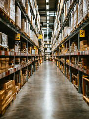 Modern warehouse storage. Abstract vertical image background for Warehouse industrial and logistics companies. Commercial storehouse. 3D perspective distribution warehouse with shelves.