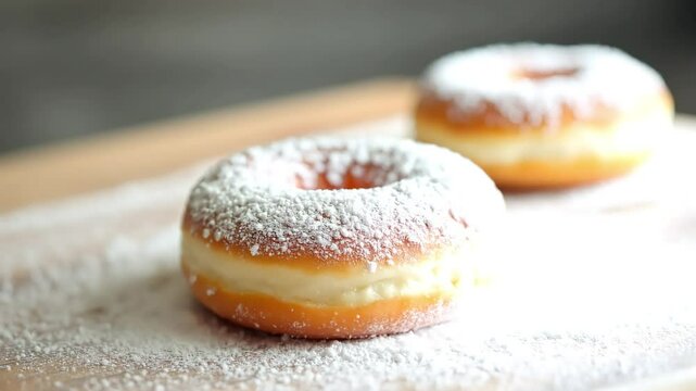 Slow motion shot of a donut being dusted with powdered sugar, creating a cloud effect