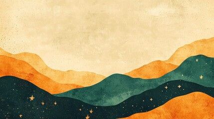 Abstract, textured landscape with orange and teal mountains, painted in a soft, vintage style, with scattered golden stars.