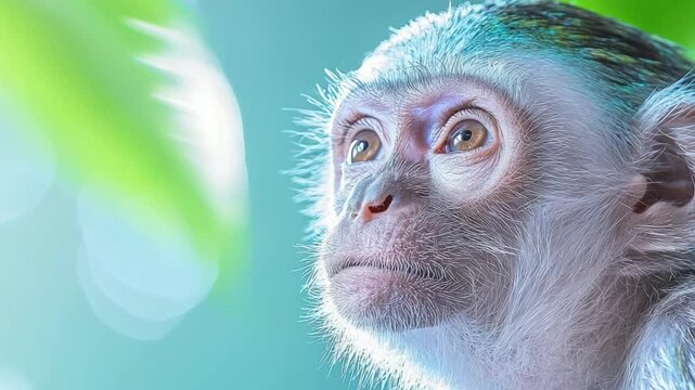 Monkey&rsquo;s Intense Gaze: A close-up shot of a monkey staring, capturing the animal's thoughtful expression in its eye. The composition of the image includes some background of soft green color.