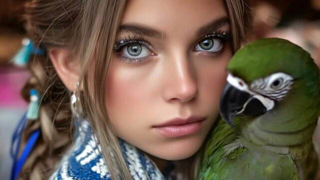 close up face pretty Caucasian woman wearing fancy makeup with a parrot